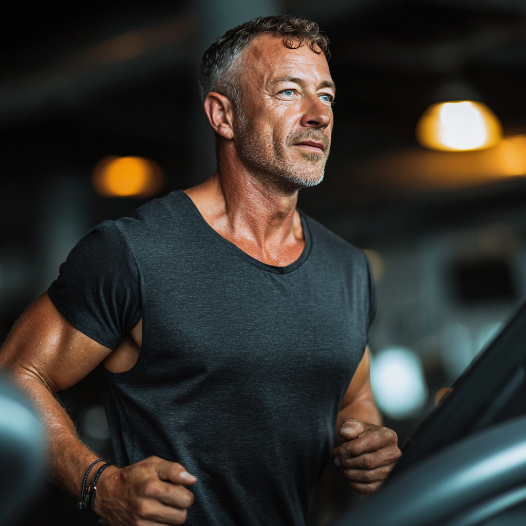 Confident middle-aged man at the peak of his personal transformation journey