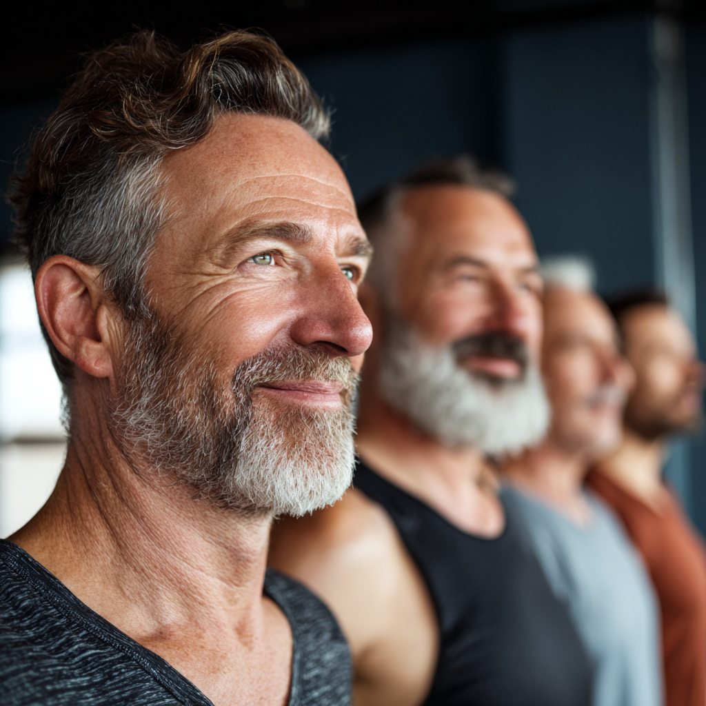Group of middle-aged men supporting each other in fitness journey
