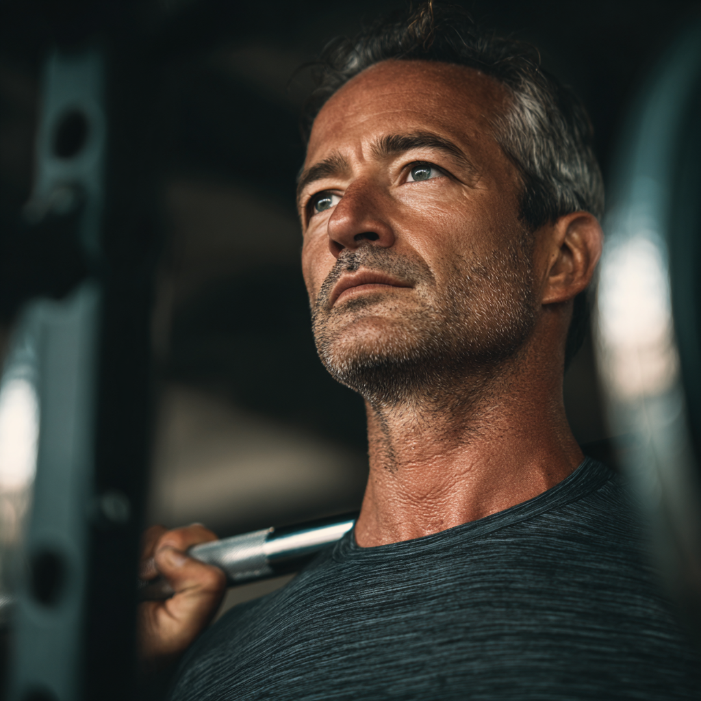 Middle-aged professional man focused on strength training routine